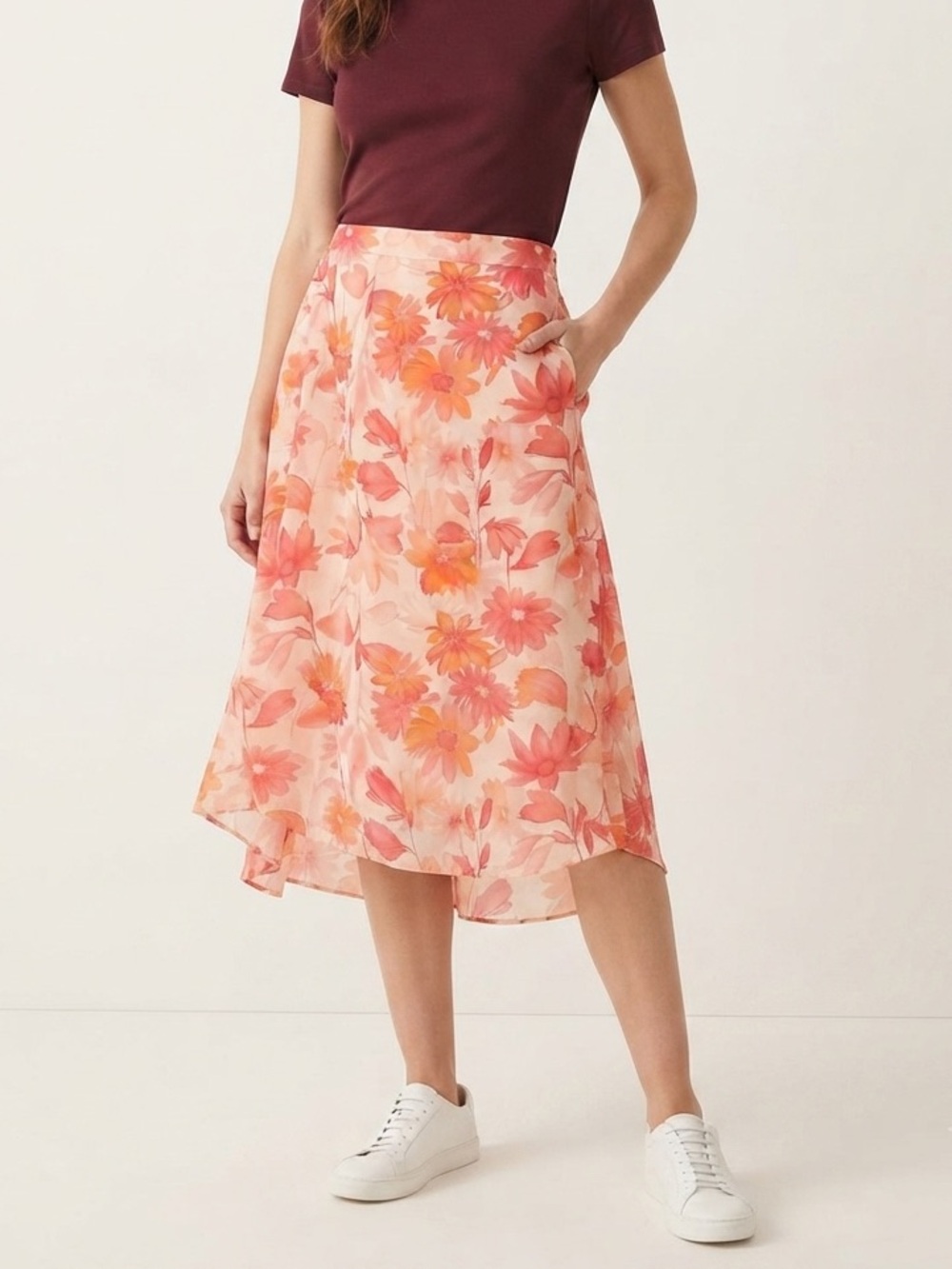 Orange Midi Pink Floral Skirt